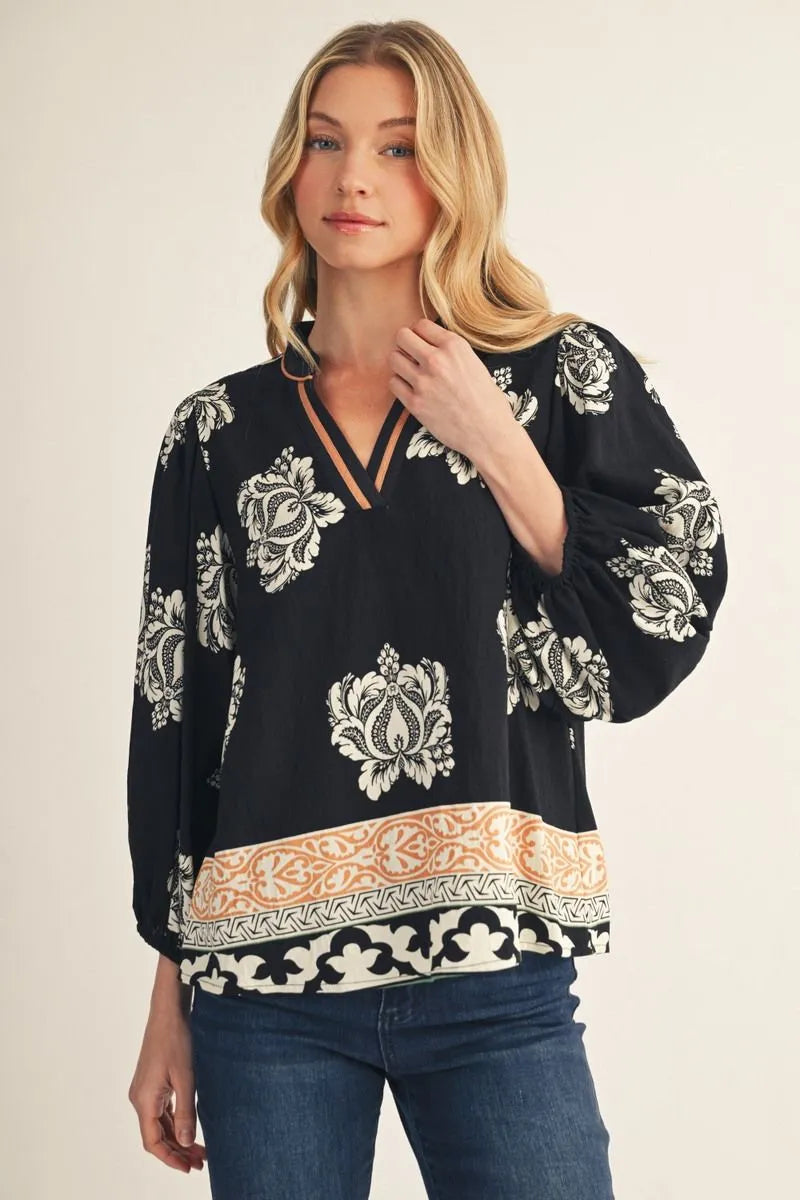 Midnight Elegance Border Print Top