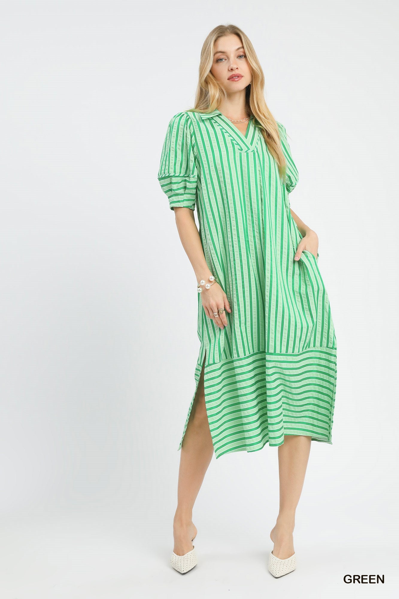 The Kelly Striped Puff Sleeve Midi Dress