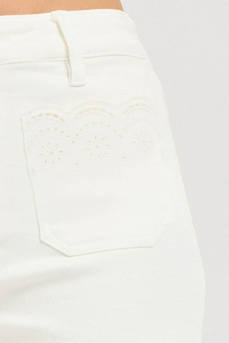 Risen High Rise Eyelet Denim Shorts