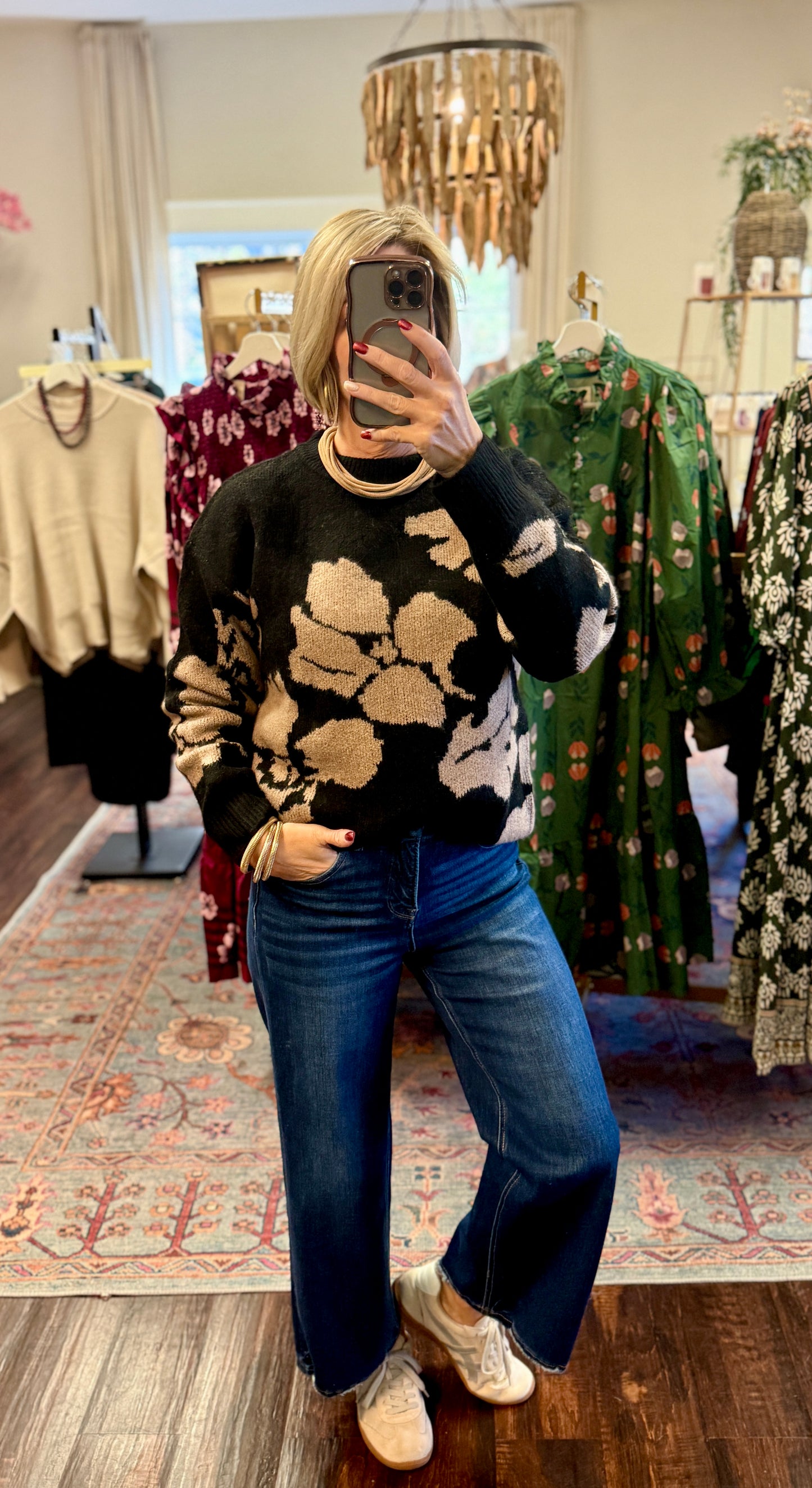 The Rowan Floral Knit Sweater – Black/Taupe