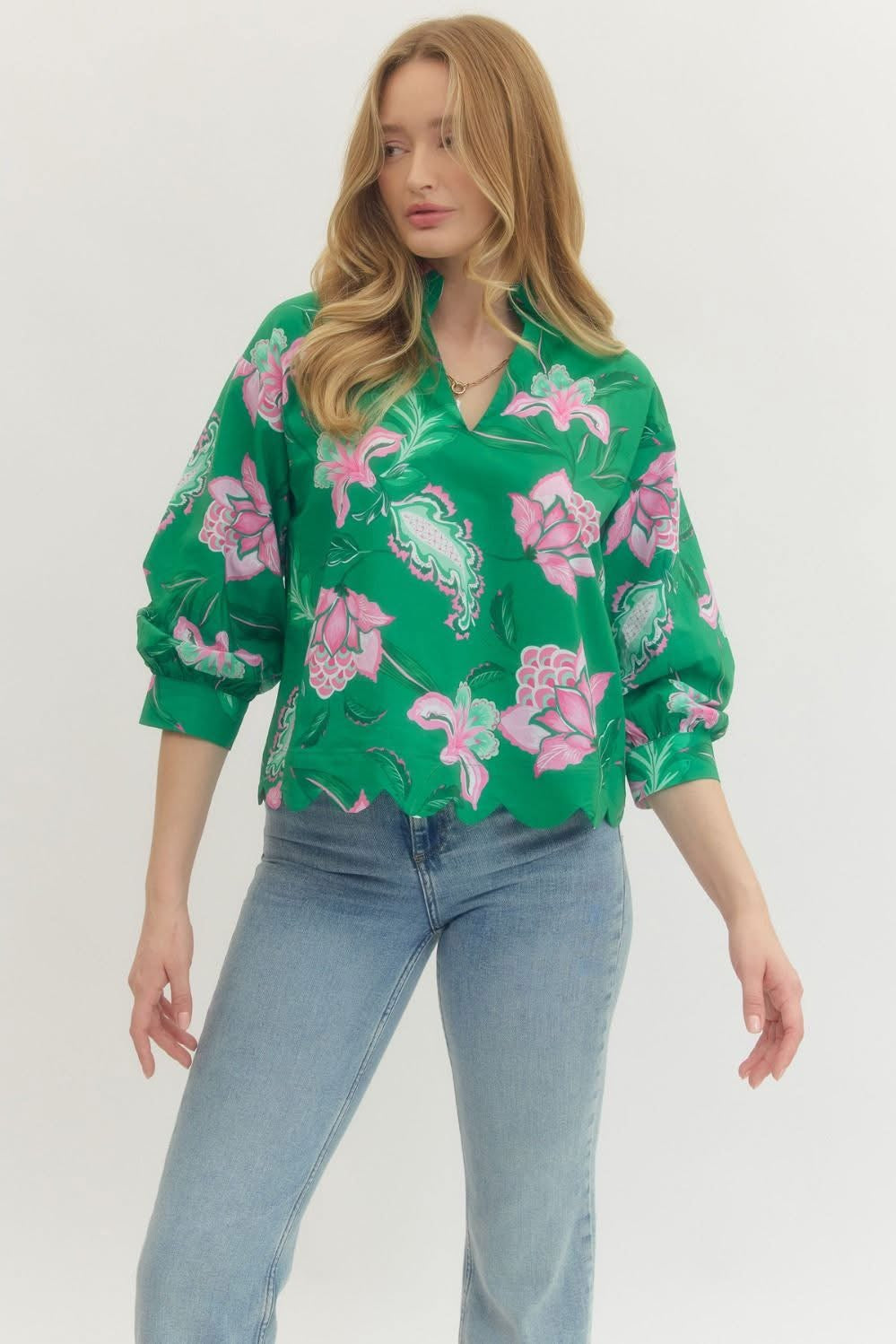 Emerald Bloom Scalloped Blouse