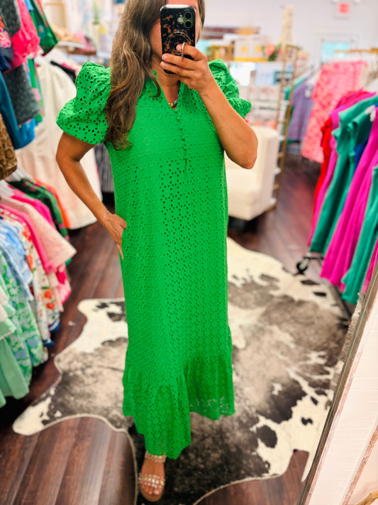 The Emerald Elegance Eyelet Maxi Dress