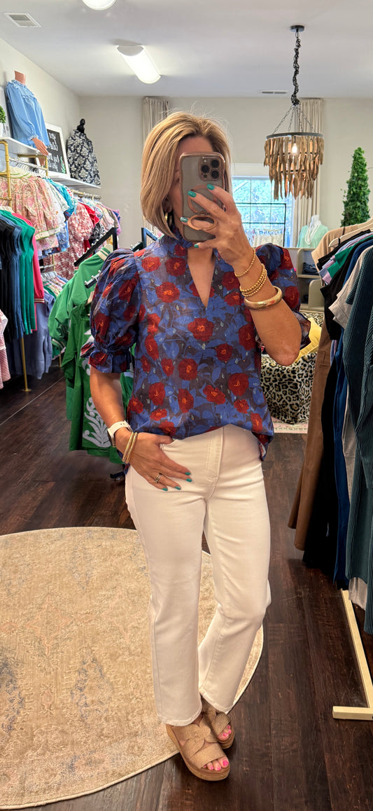 Midnight Bloom Ruffle Sleeve Blouse