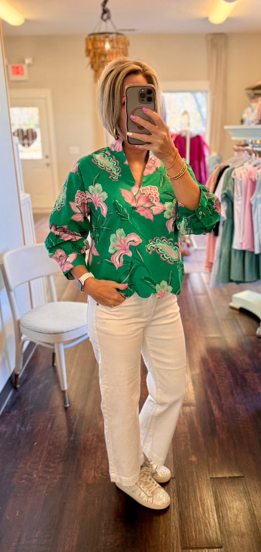 Emerald Bloom Scalloped Blouse