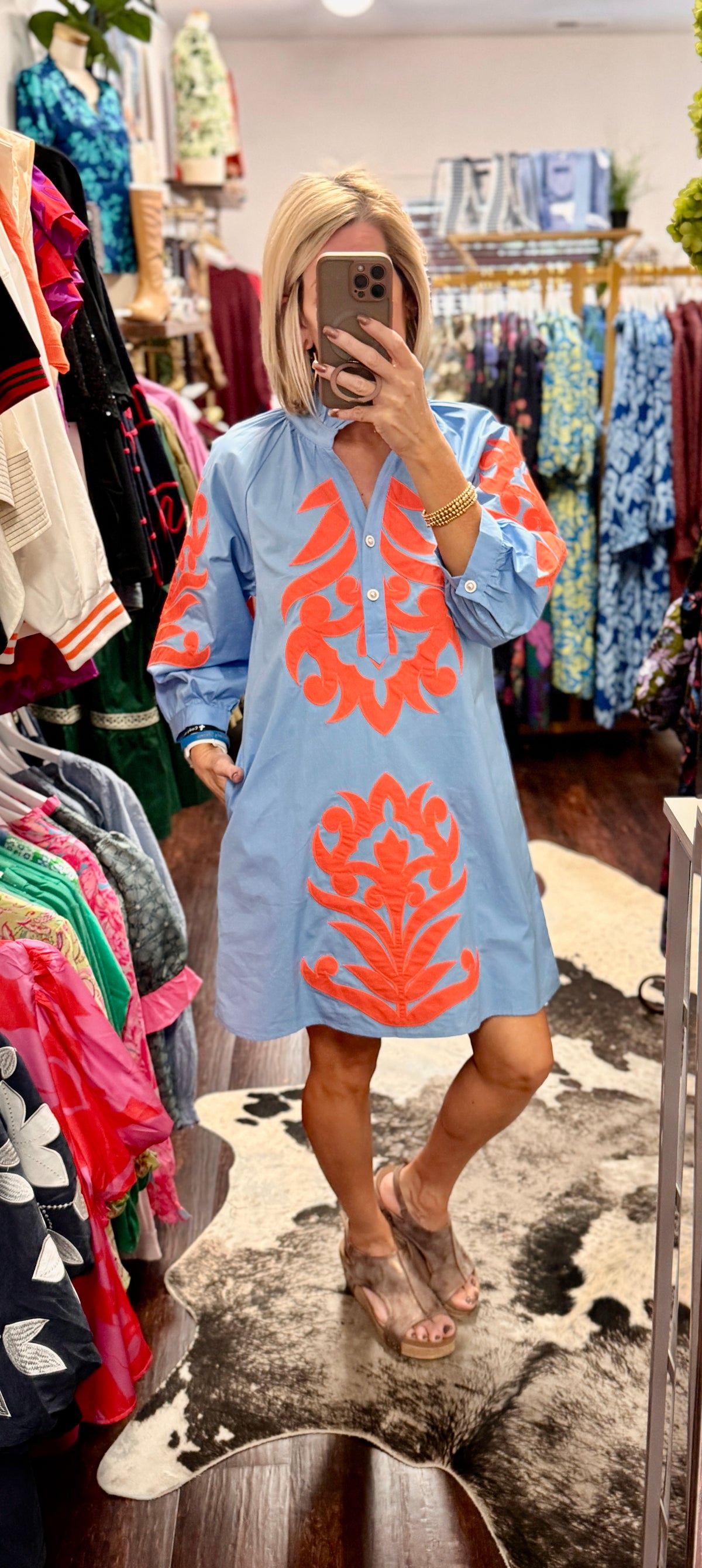 The Ellington Appliqué Dress – Azure/Orange