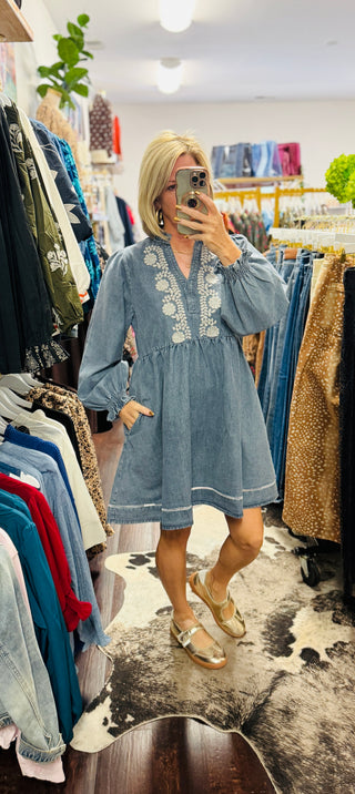 The Bluebell Embroidered Denim Dress 🩵