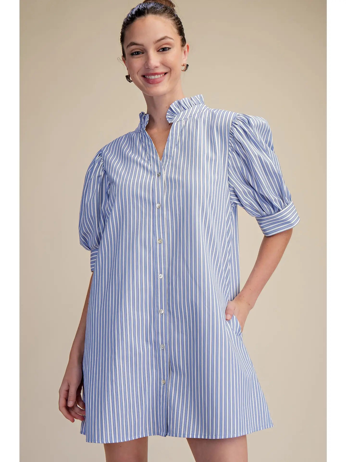 Rosalie Stripe Puff Sleeve Dress - Blue
