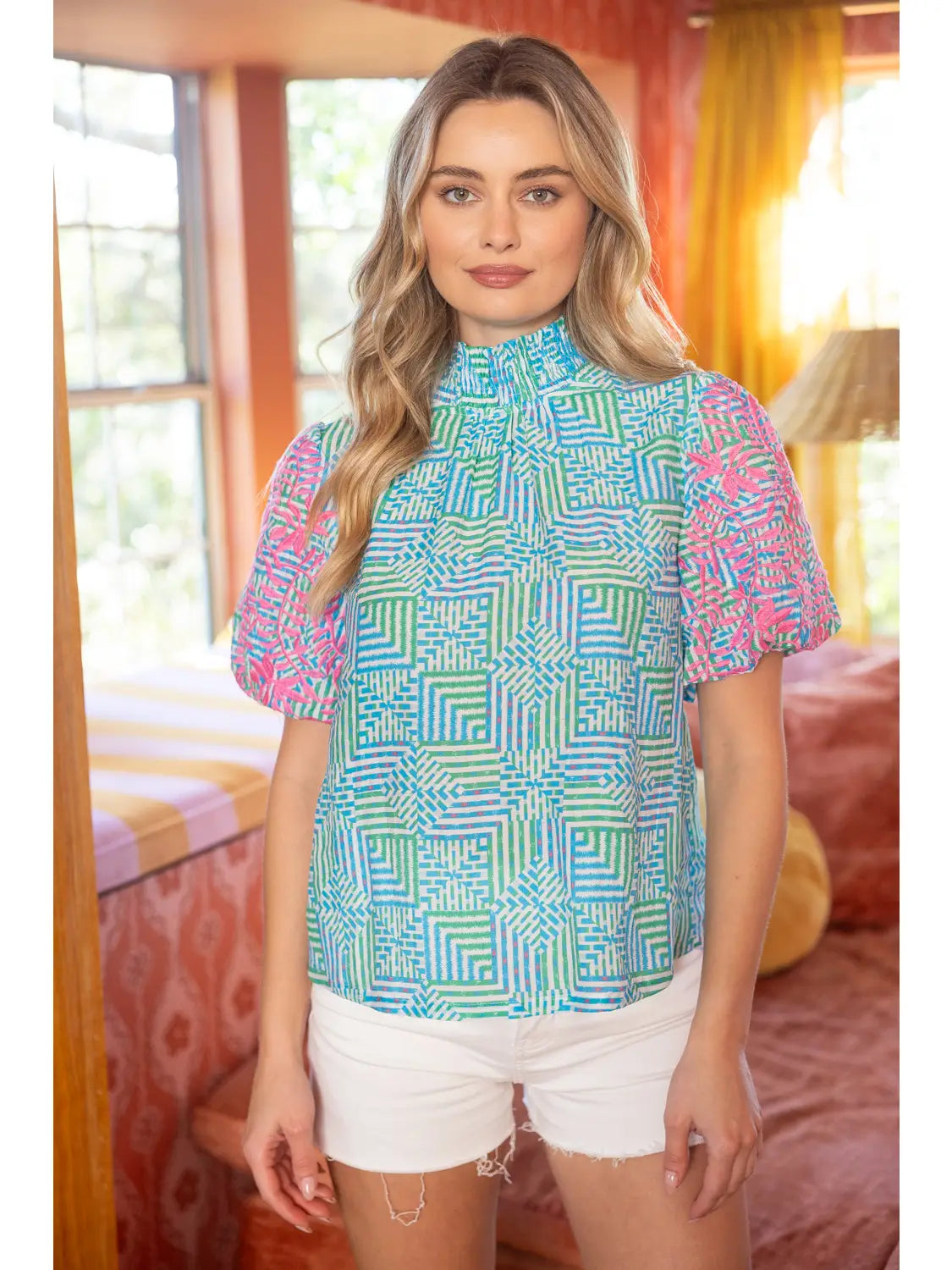The Seaside Mosaic Puff Sleeve Top