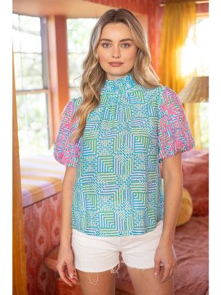 The Seaside Mosaic Puff Sleeve Top