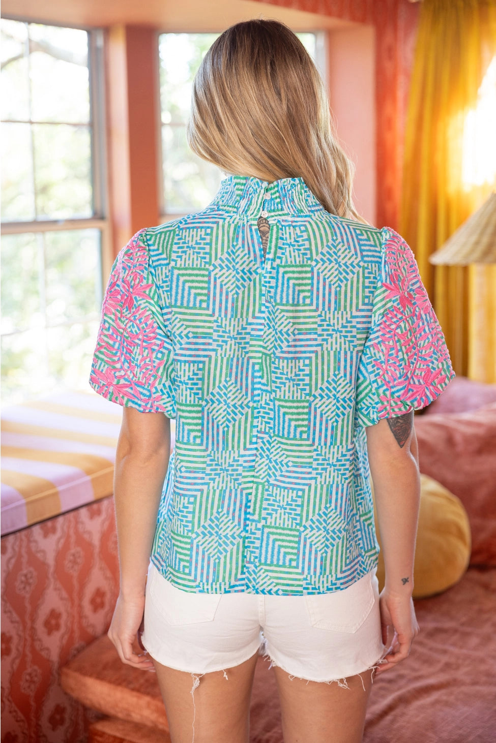 The Seaside Mosaic Puff Sleeve Top