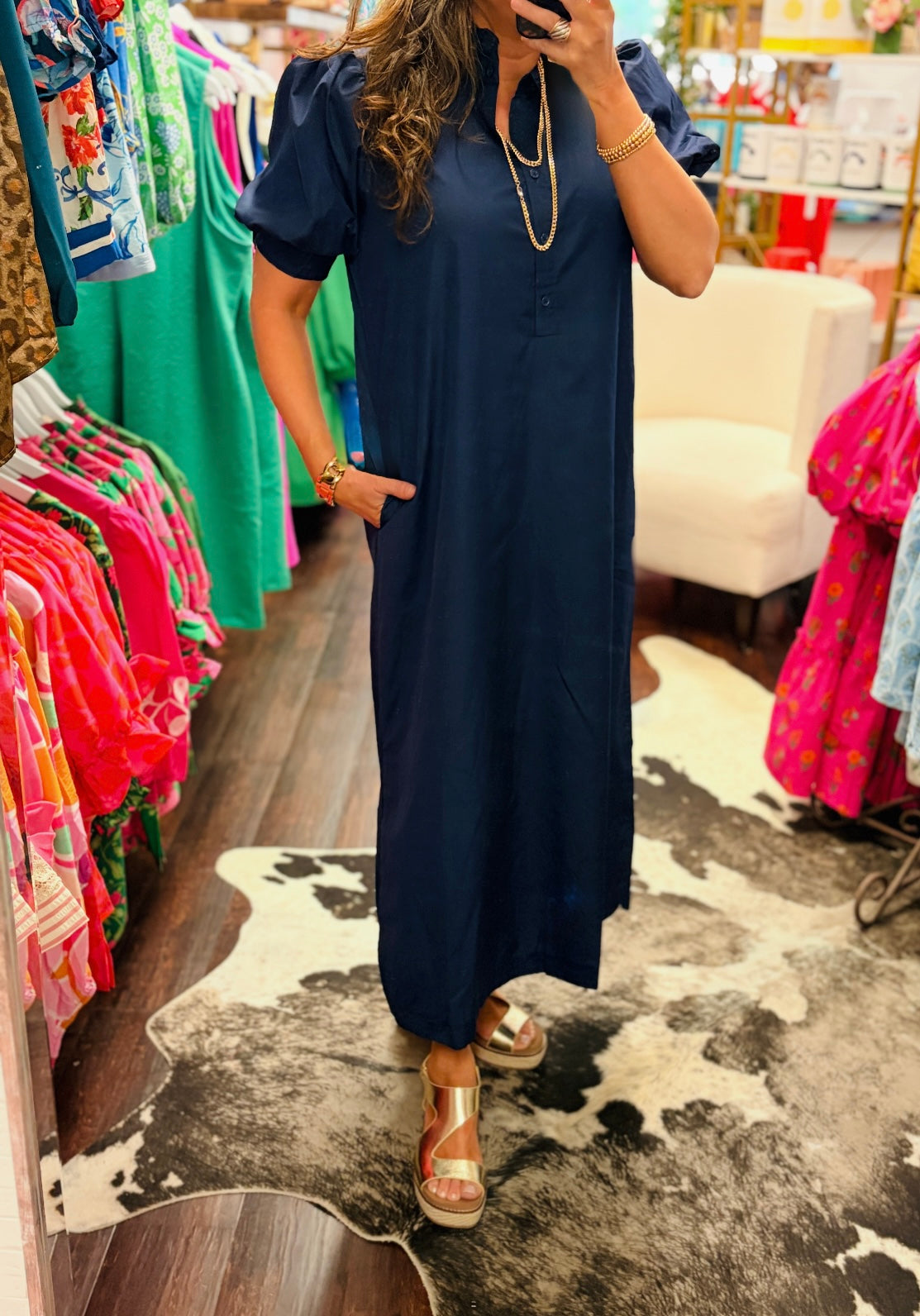 The Midnight Elegance Puff Sleeve Midi Dress