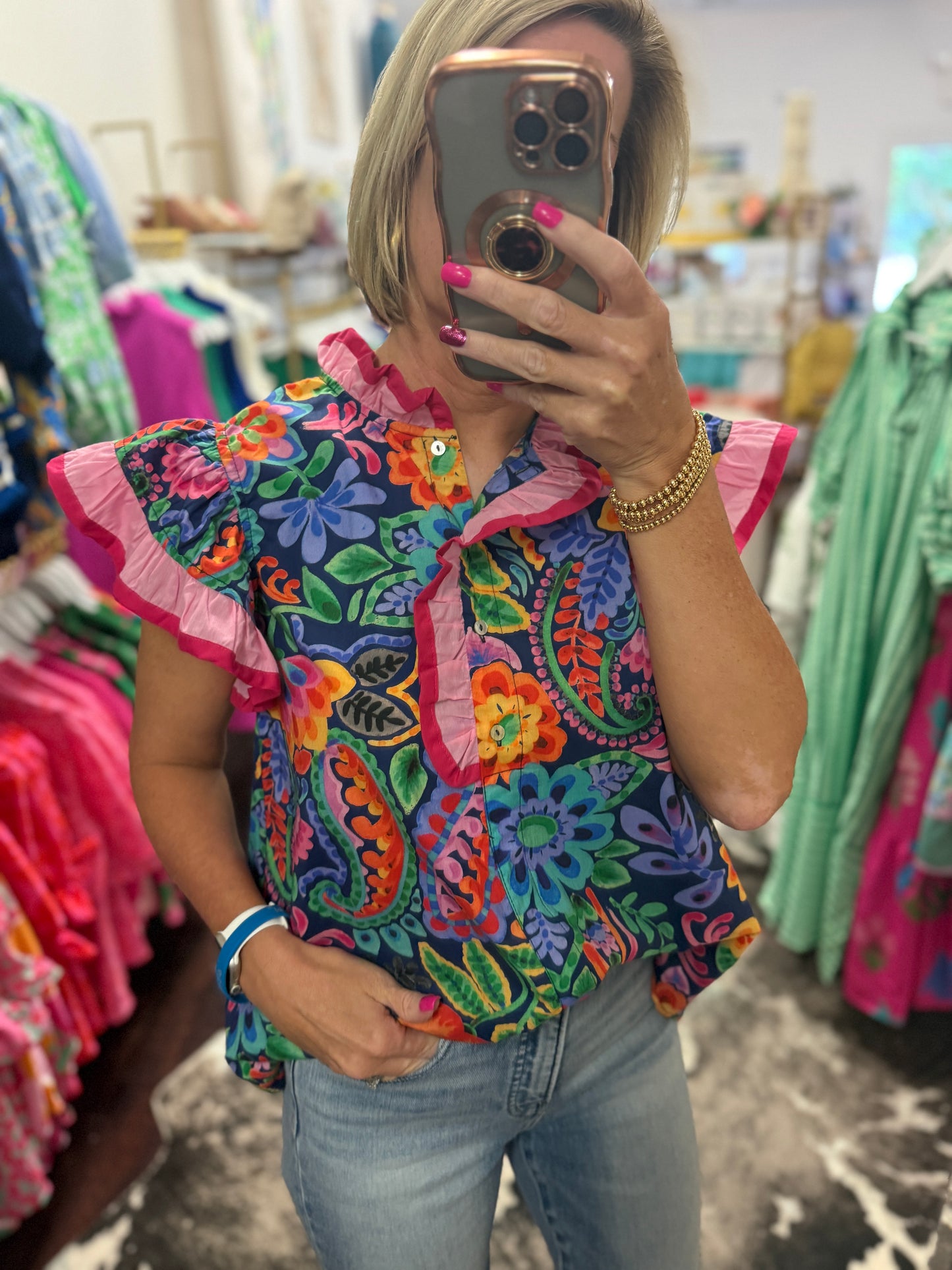 The Ruffle Trim Paisley Floral Top