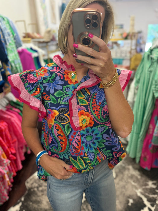 The Ruffle Trim Paisley Floral Top