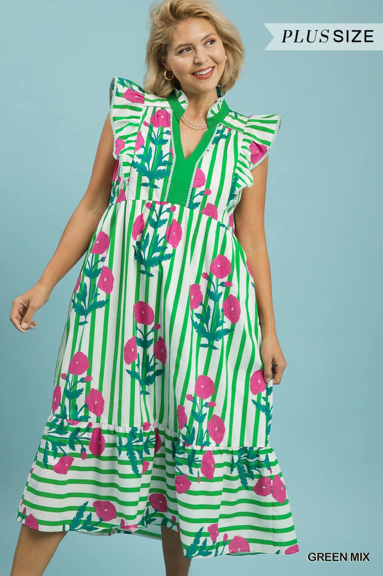 The Garden Stripe Ruffle Midi Dress - Curvy