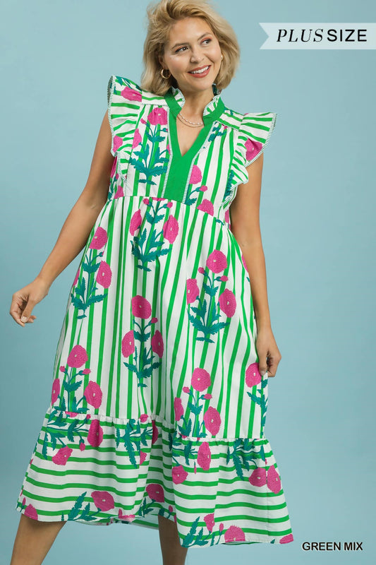 The Garden Stripe Ruffle Midi Dress - Curvy