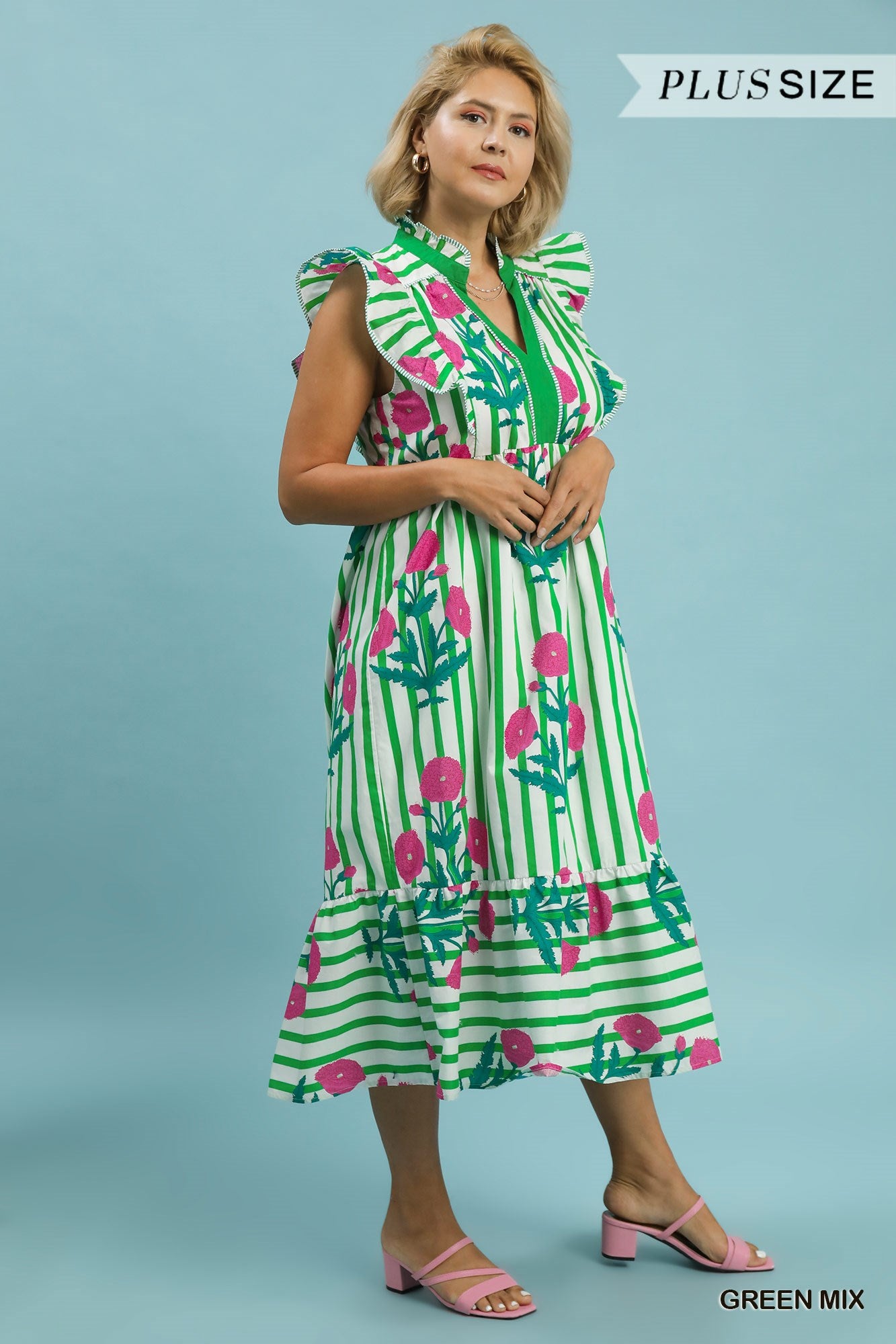 The Garden Stripe Ruffle Midi Dress - Curvy