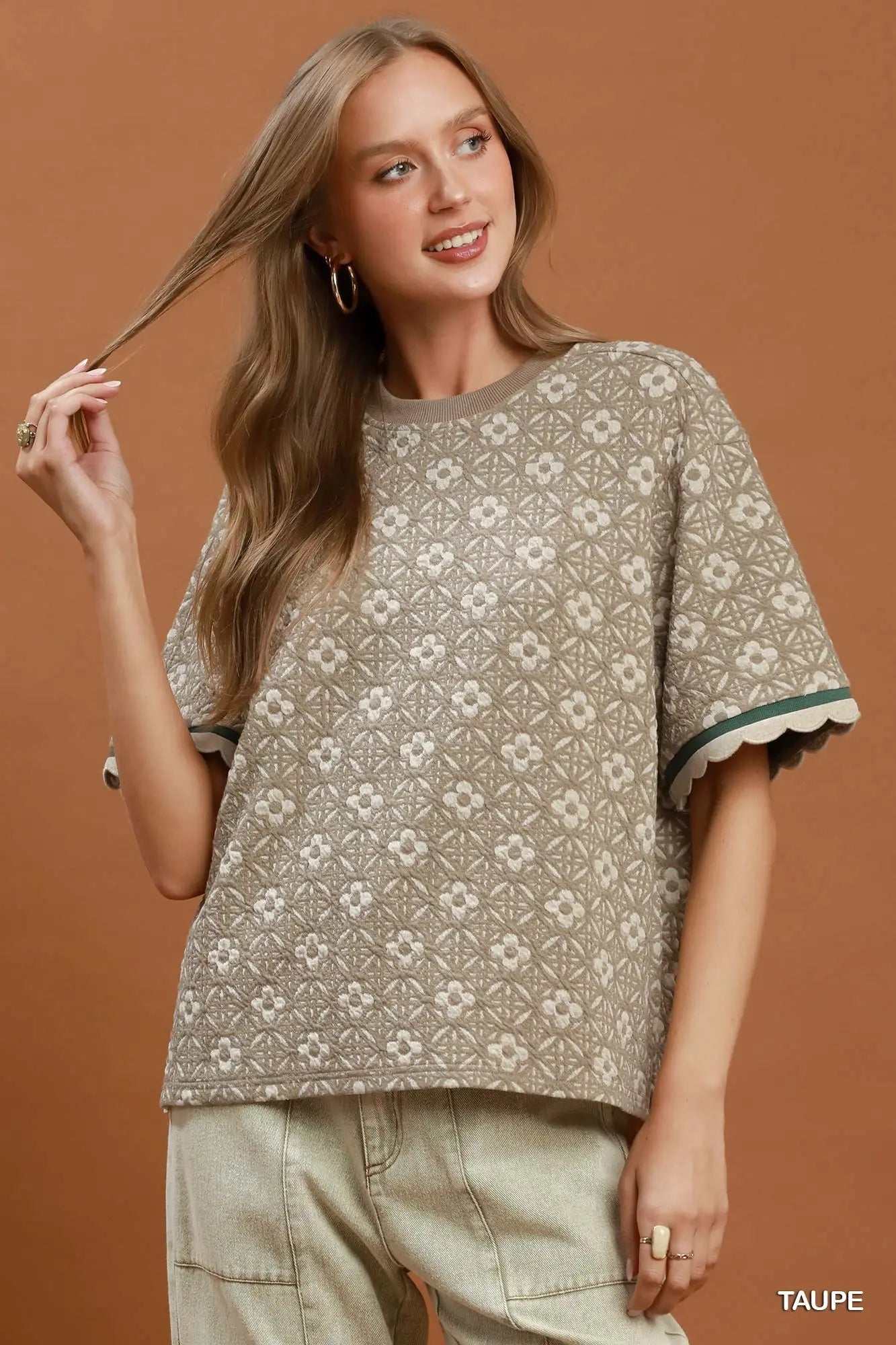 Taupe Trellis Jacquard Top