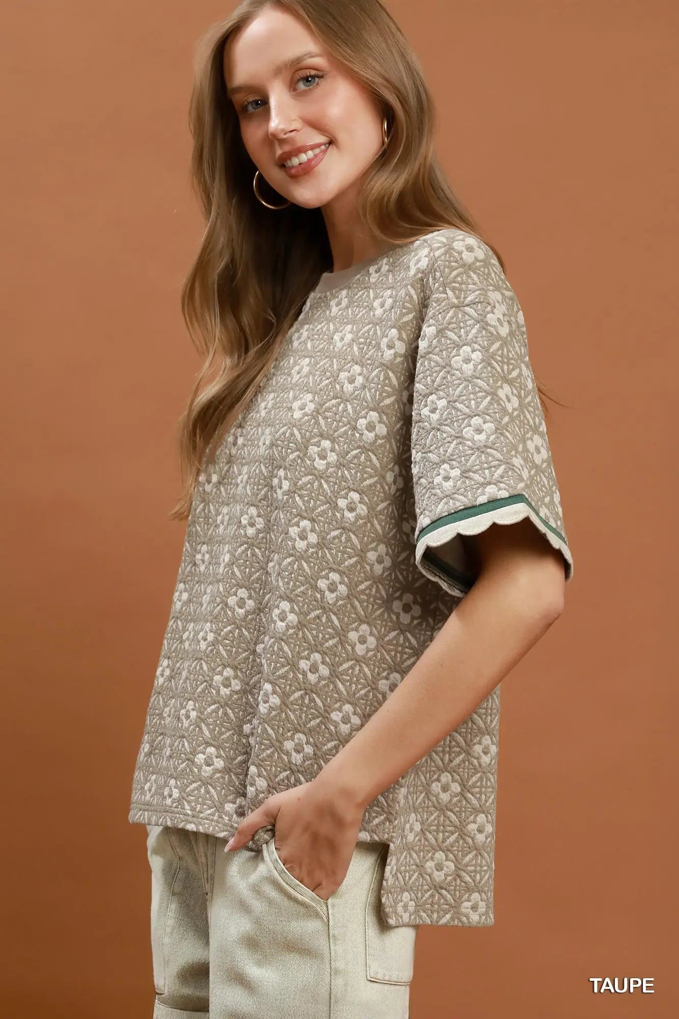 Taupe Trellis Jacquard Top