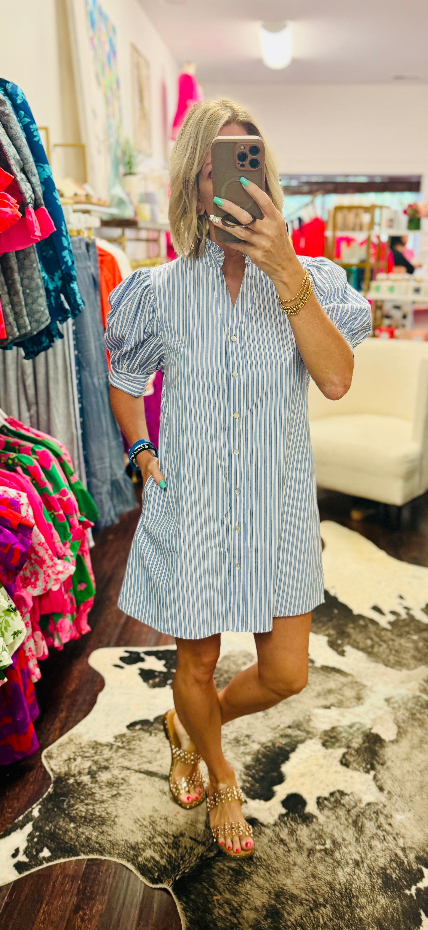 Rosalie Stripe Puff Sleeve Dress - Blue