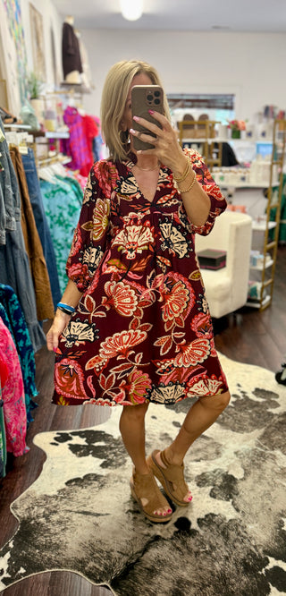 Burgundy Bloom Babydoll Dress