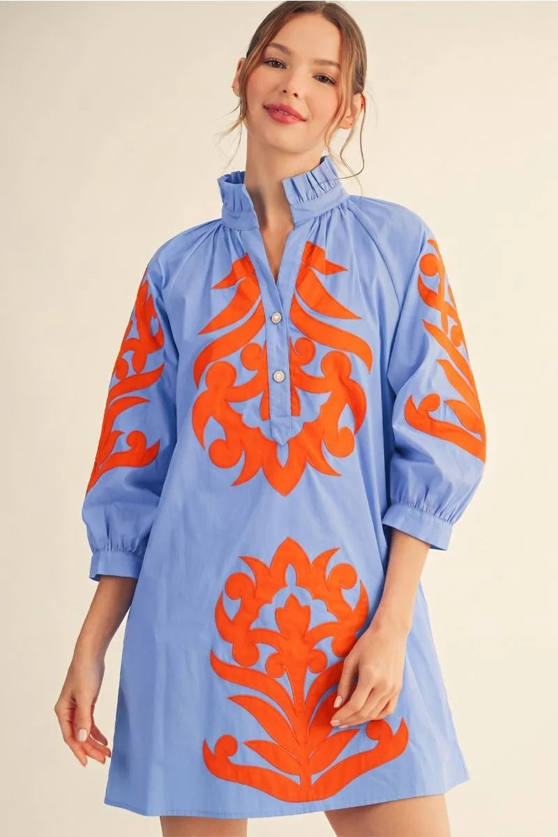 The Ellington Appliqué Dress – Azure/Orange