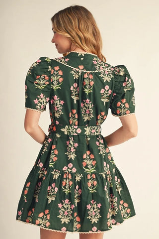 Autumn Garden Tie Waist Dress - Olive
