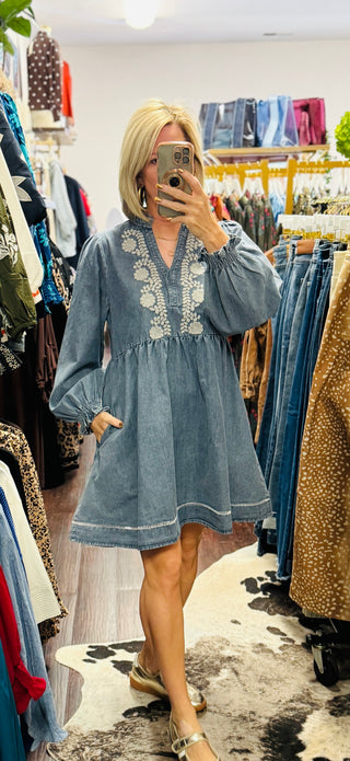The Bluebell Embroidered Denim Dress 🩵
