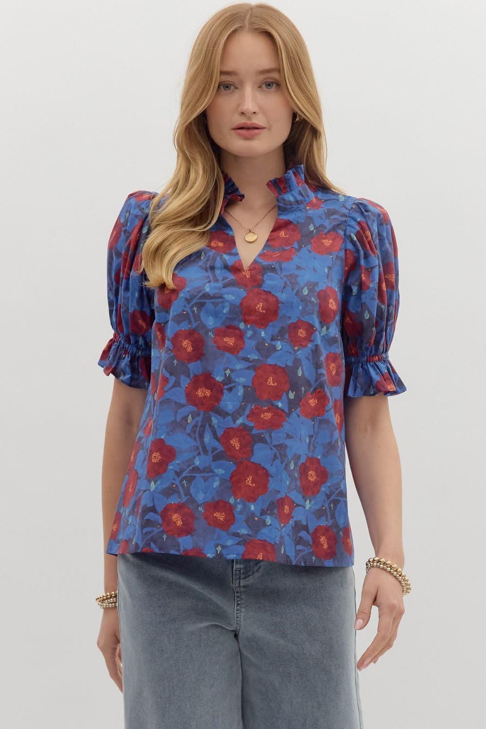 Midnight Bloom Ruffle Sleeve Blouse