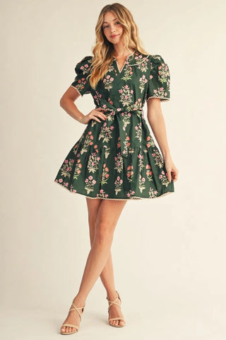 Autumn Garden Tie Waist Dress - Olive