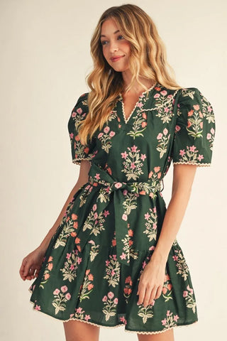 Autumn Garden Tie Waist Dress - Olive