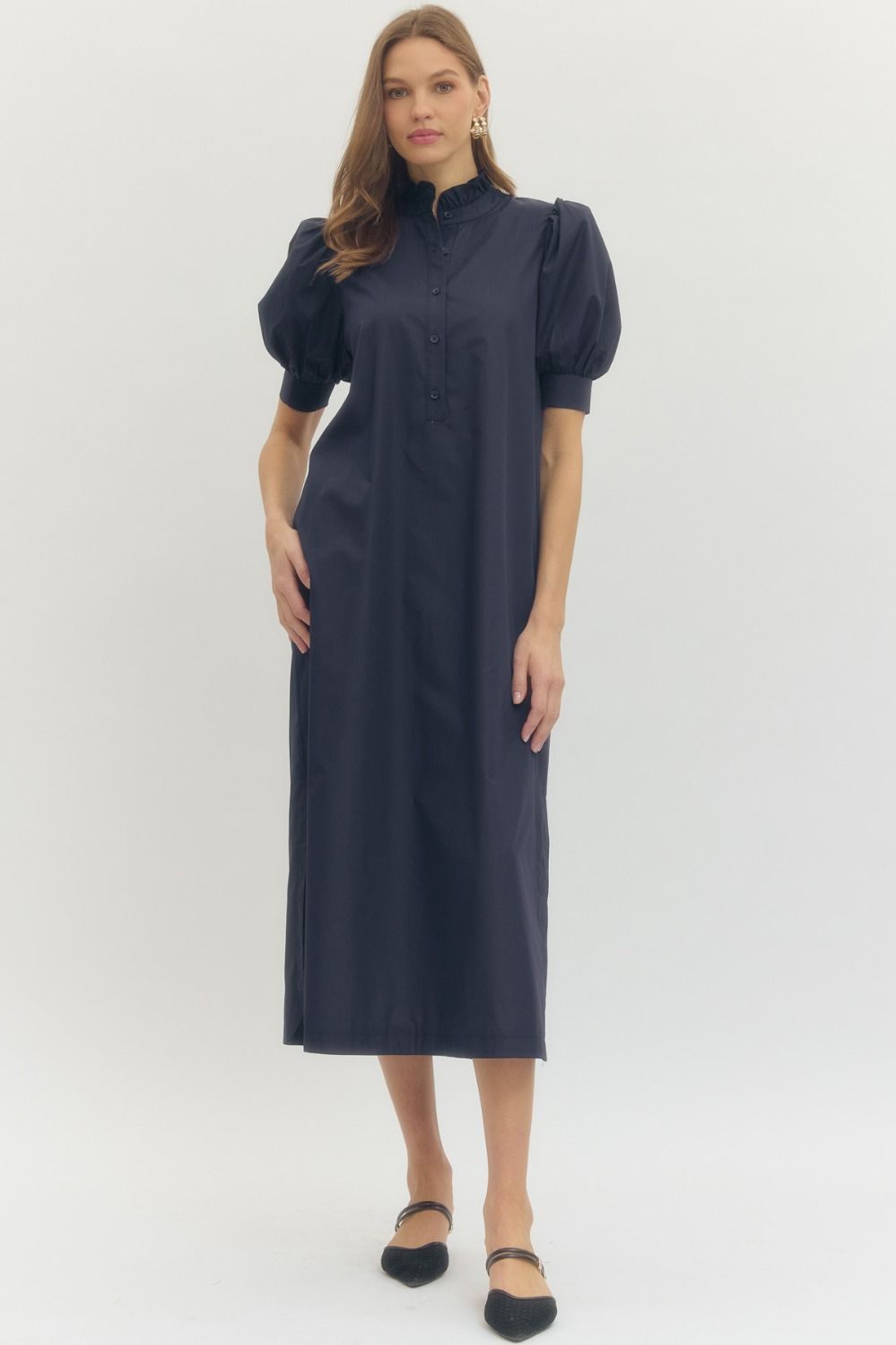 The Midnight Elegance Puff Sleeve Midi Dress