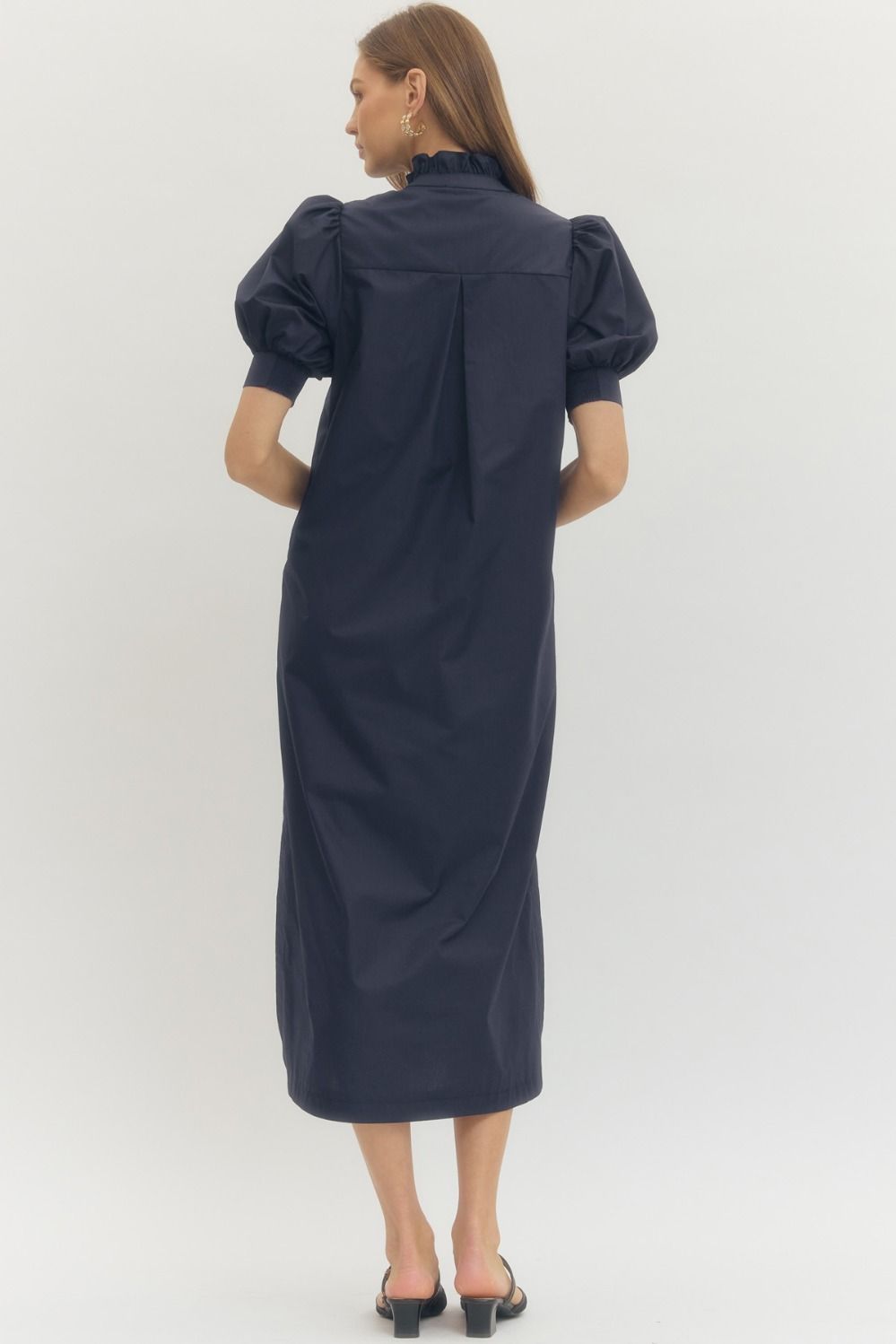 The Midnight Elegance Puff Sleeve Midi Dress
