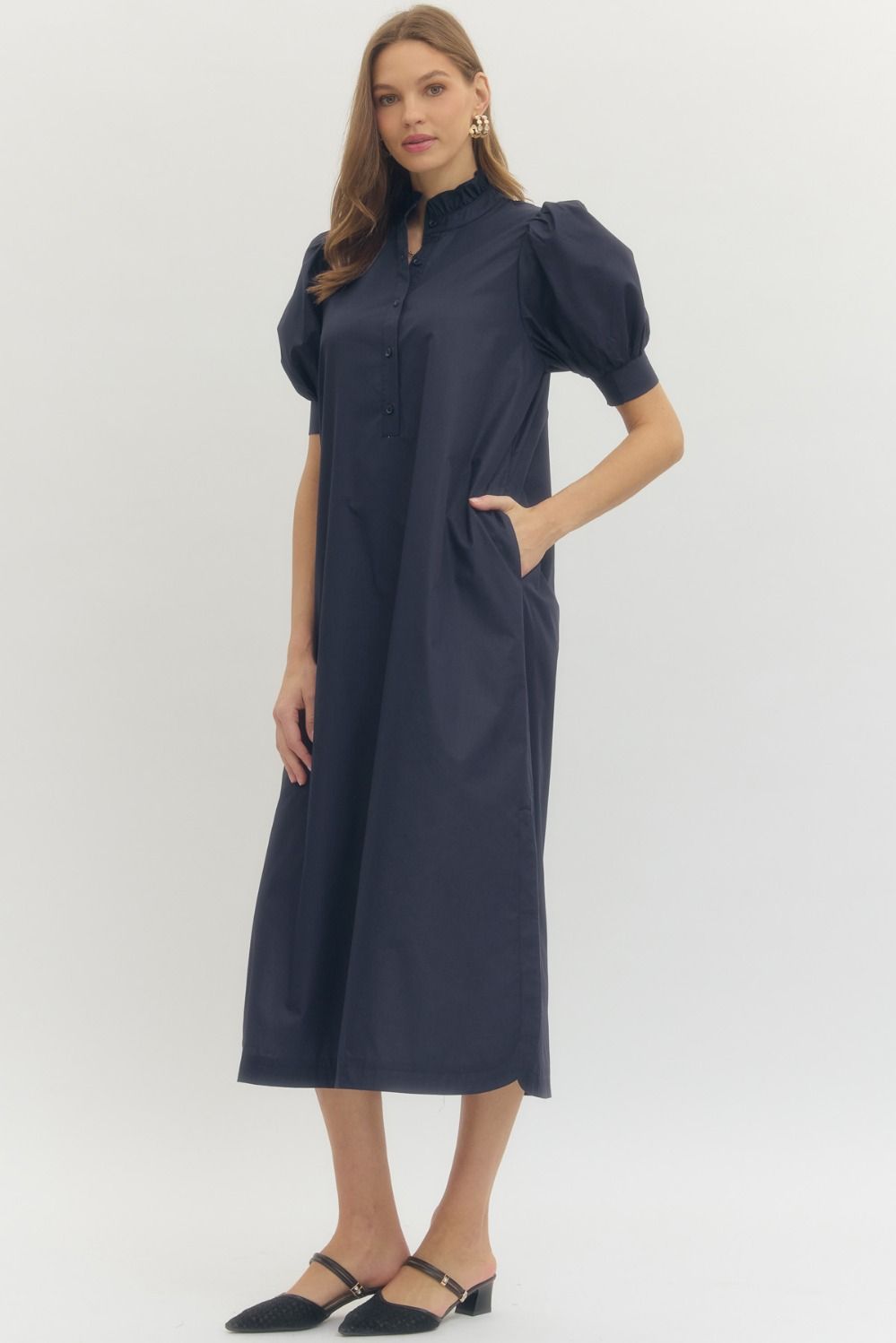 The Midnight Elegance Puff Sleeve Midi Dress