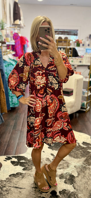 Burgundy Bloom Babydoll Dress