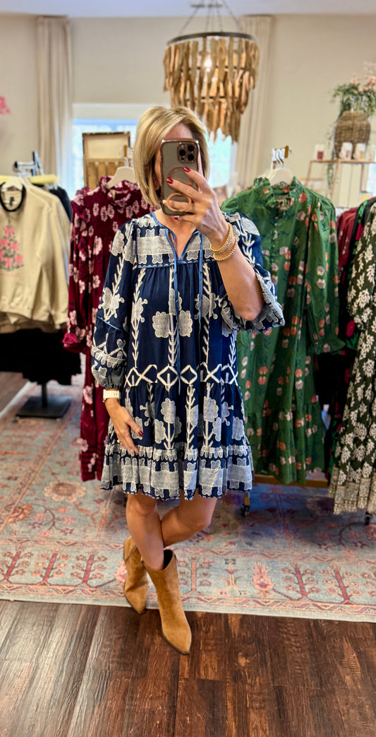 The Lila Haven Embroidered Dress – Navy