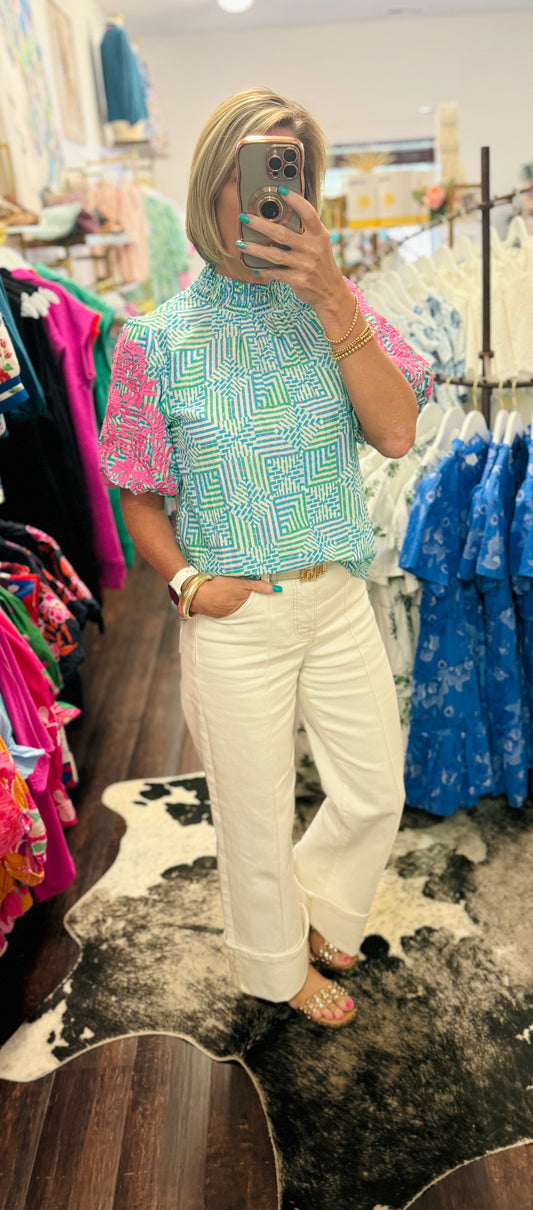 The Seaside Mosaic Puff Sleeve Top