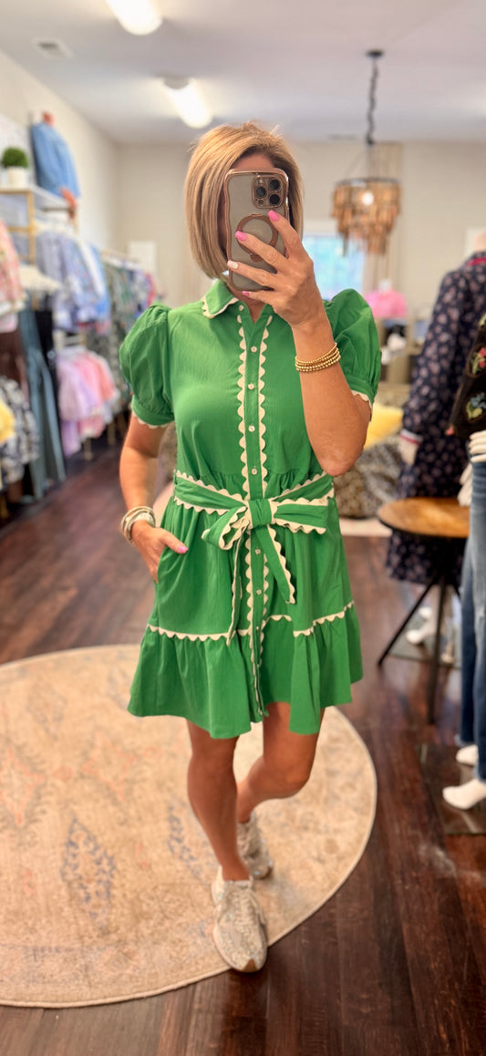 Evergreen Charm Tie-Waist Dress