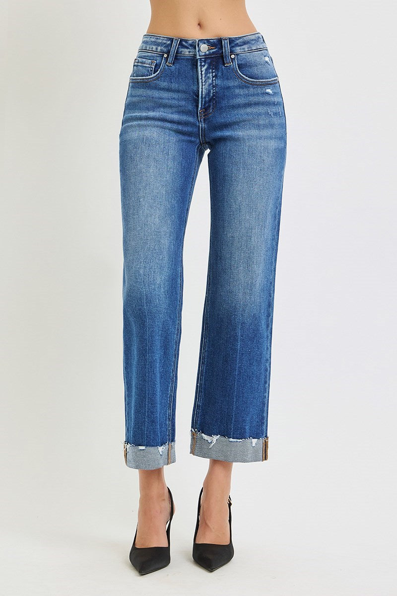 Risen Tummy Control Cuffed Straight Jeans