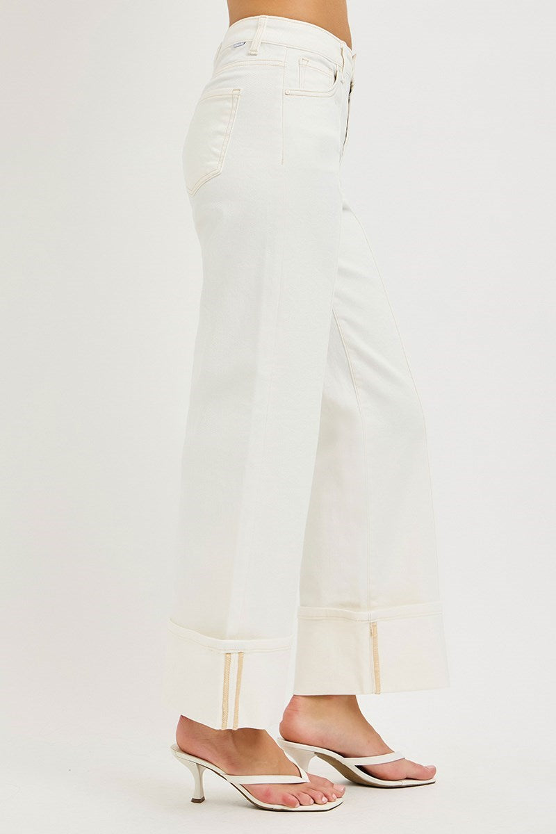 Risen Cream High Rise Tummy Control Wide Leg Crop Jeans