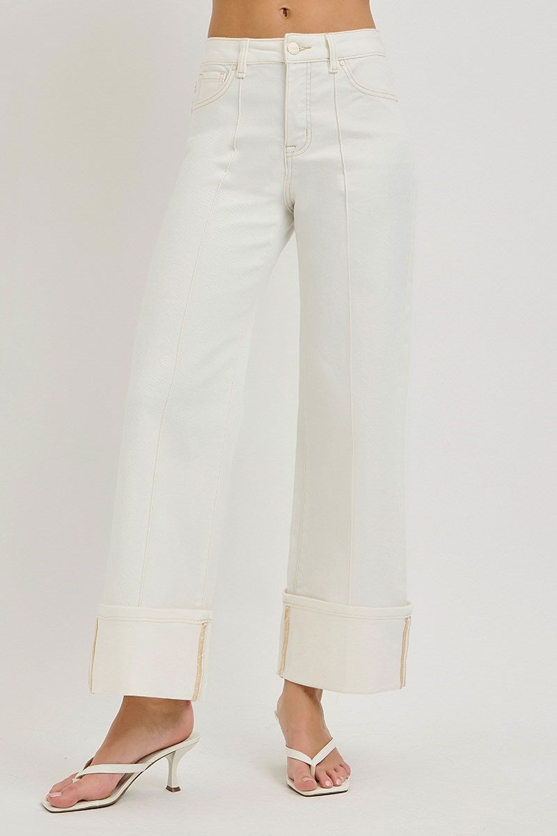 Risen Cream High Rise Tummy Control Wide Leg Crop Jeans