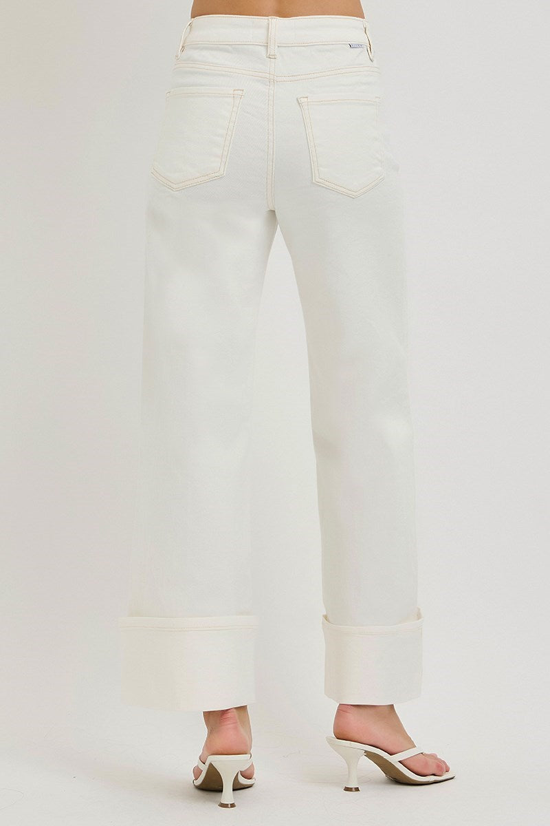 Risen Cream High Rise Tummy Control Wide Leg Crop Jeans