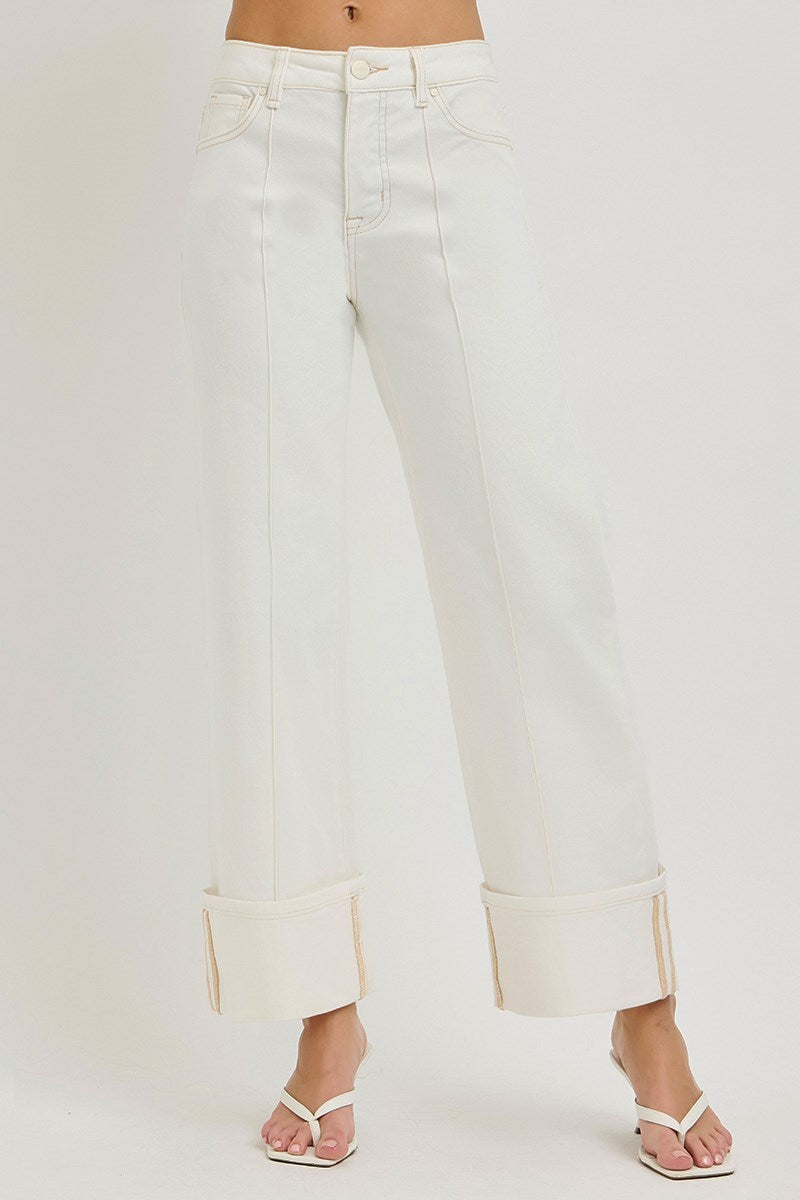 Risen Cream High Rise Tummy Control Wide Leg Crop Jeans