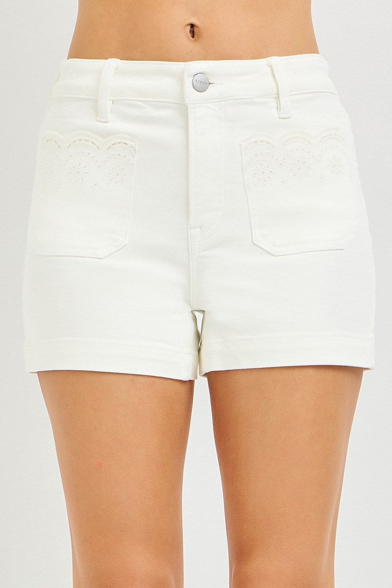 Risen High Rise Eyelet Denim Shorts