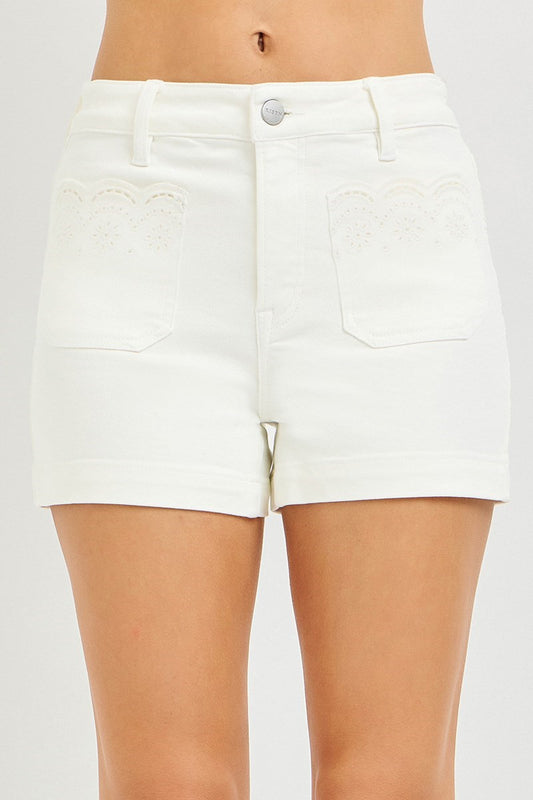 Risen High Rise Eyelet Denim Shorts