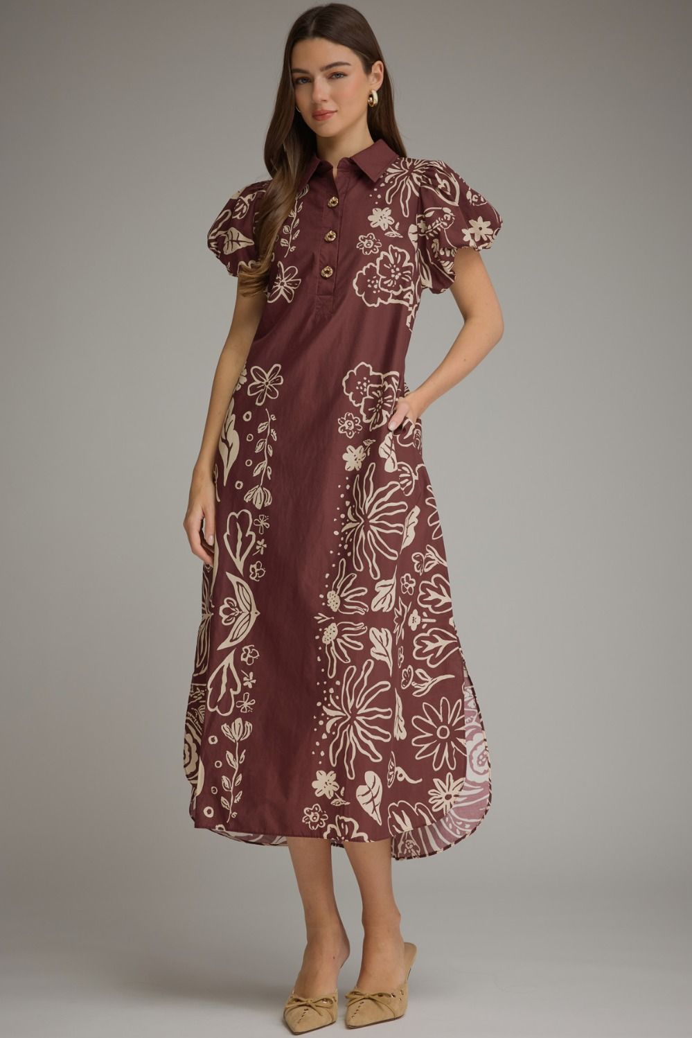Vintage Garden Midi Dress – Wine