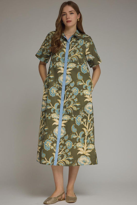 The Painted Garden Midi Dress – Olive