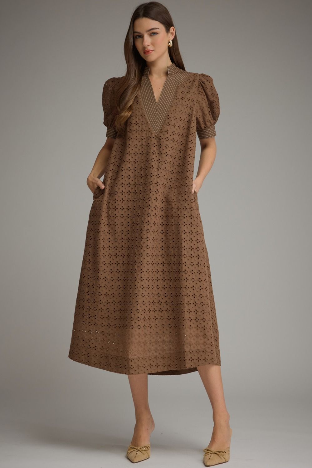 The Autumn Grace Eyelet Midi Dress – Brown