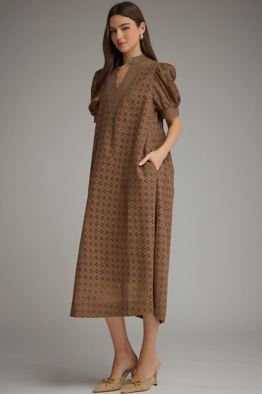 The Autumn Grace Eyelet Midi Dress – Brown