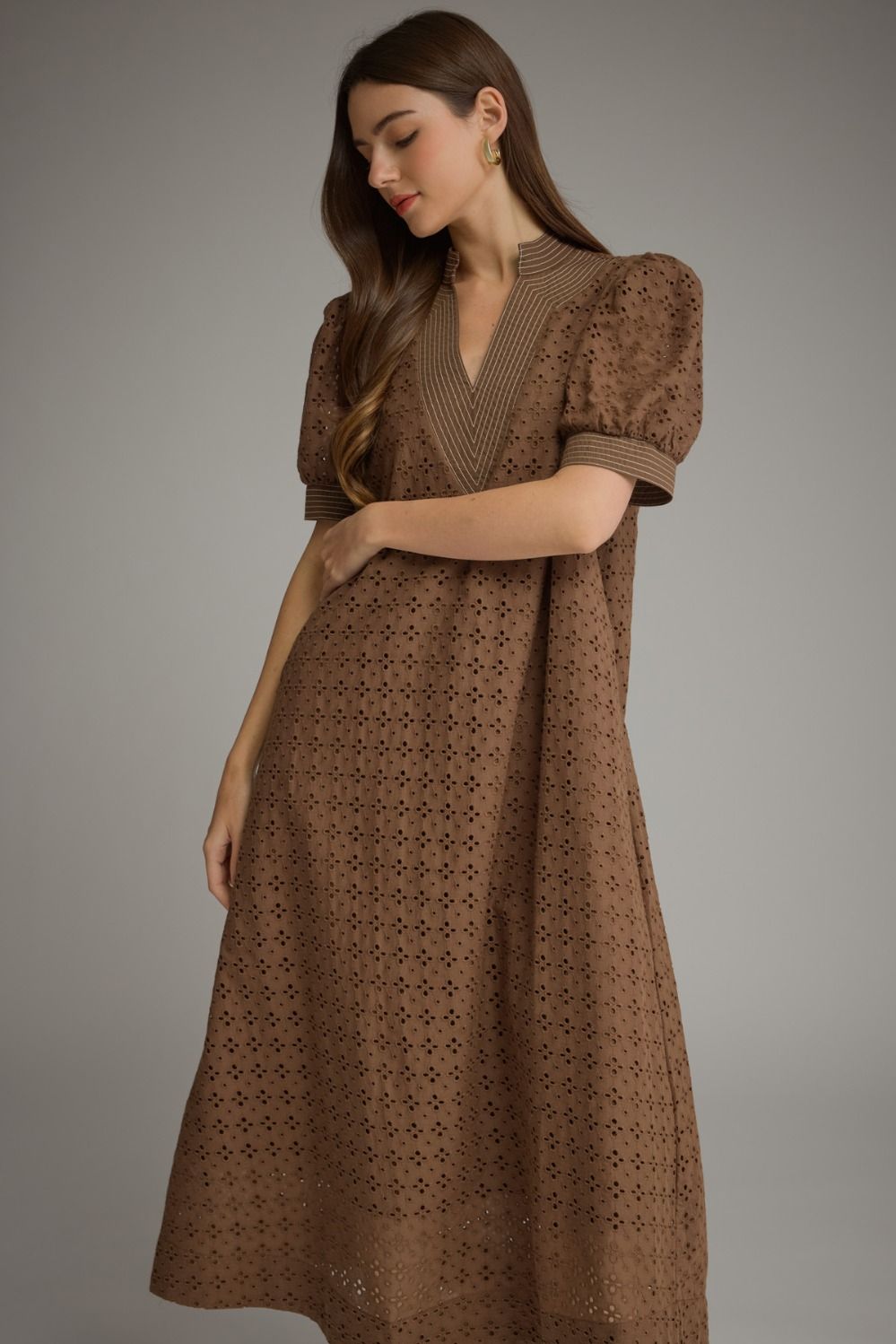 The Autumn Grace Eyelet Midi Dress – Brown